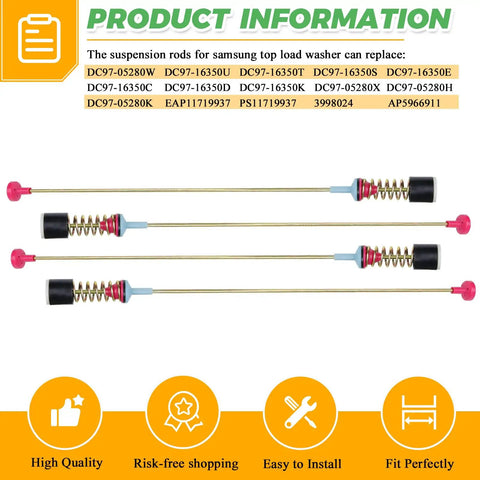 Washer Suspension Rod Replacement Kit For Front Load Models WA45T3200AW A4 WA45T3400AP A4 WA50R5200AW US WA45T3400AV A4 WA45H7000AW A2 And More Replaces DC97-05280W DC97-16350U DC97-16350T No Fuss Install, four 26.18in metal rods