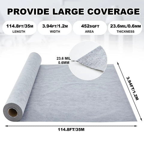 Heavy Duty Waterproof Membrane Roll For Showers And Saunas With Solid PE Fabric Underlayment Coating 452 Sq Ft Coverage showing size and thickness.