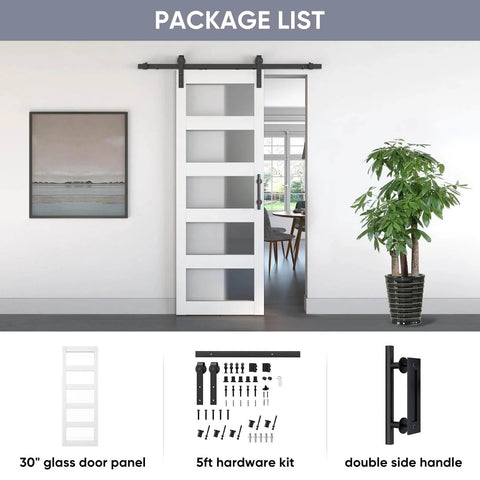 Sliding Glass Barn Door 30x84 Inches With 5 Ft Hardware Kit And Handle Included, 5-Panel Frosted Glass, solid wood wrapped in PVC