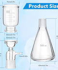 Pro Grade Lab Vacuum Filtration Distillation Apparatus Kit sizes with 500ml glass flask and 300ml graduated funnel dimensions