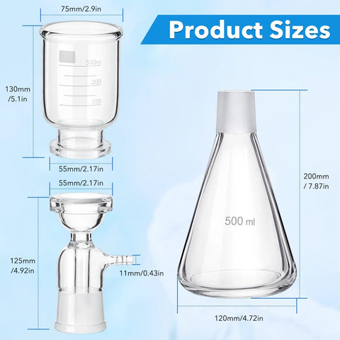 Pro Grade Lab Vacuum Filtration Distillation Apparatus Kit sizes with 500ml glass flask and 300ml graduated funnel dimensions