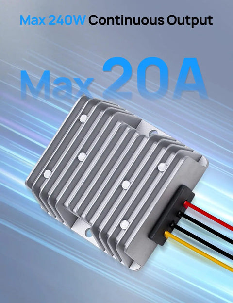 Level Up Your Ride With This Hella Efficient DC DC Step Down Converter Dropping 48 To 12 Volts At 20 Amps For Golf Carts And Utility Trailers, showing metal converter with wires.