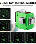 3D Laser Level with multiple line modes and green laser, showcasing self-leveling and manual options with 360 degree coverage