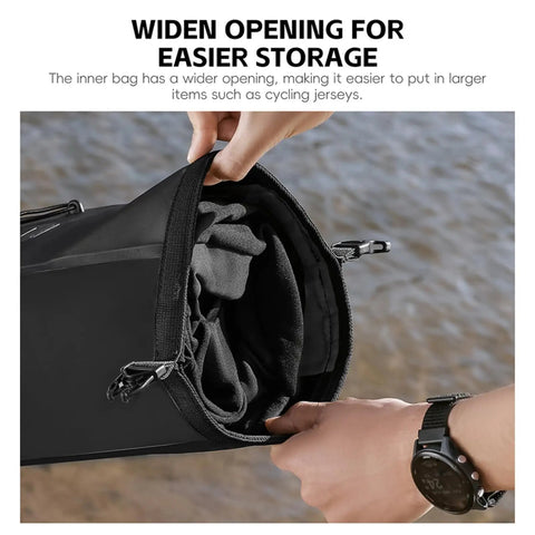 Wide opening of Big Capacity Waterproof Bike Seat Bag 10 To 14L With Roll Top Closure, showcasing interior storage space.
