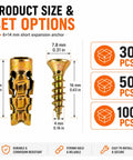 Six By Fourteen Millimeter Short Expansion Screw Set For Cabinet Hinge Repair And Fixing Loose Stripped Wood Holes With Tough Nylon Anchors To Knock Out Door Wobble Cold, showing dimensions and set options.