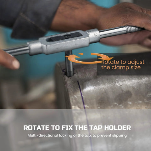 Anfrere metric tap and die set front view: metal tap wrench clamped to steel rod, clamp rotated to adjust size.