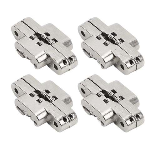 Mini Cross Hidden Hinge Set Zinc Alloy 180 Degree Swing Invisible Hinge For Jewelry Boxes Cabinets Doors Folding Doors DIY Projects 4 Pcs 43mm 126g Durable Built To Last Craft Grade, displayed in a set of four with a metallic finish.