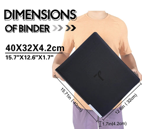 Person holding Beast 9 Pocket Top Loader Binder For 3x4 Cards with dimensions 40x32x4.2cm, waterproof PU leather cover visible