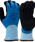 Pair of blue insulated Latex Full Dip Gloves with sandy palm coating, water resistant, HPPE outer layer, acrylic inner liner, cold storage ready.