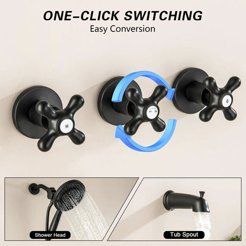 Matte Black Three Handle Shower Faucet Set With Long Tub Spout Perfect For Bathtub Shower Combo Complete Kit Includes Valve