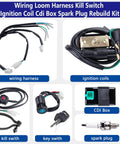 Complete Wiring Harness Kit With Kill Switch Ignition Coil CDI Box Spark Plug Rebuild For Kick Start Dirt Bike ATV 50cc To 160cc 4 Stroke Buggy components displayed