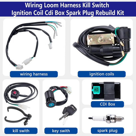 Complete Wiring Harness Kit With Kill Switch Ignition Coil CDI Box Spark Plug Rebuild For Kick Start Dirt Bike ATV 50cc To 160cc 4 Stroke Buggy components displayed
