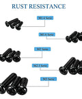 750 Pieces Black Mini Screw Assortment Kit M1.4 To M3 Phillips Pan Head Carbon Steel Fasteners displayed by size series.