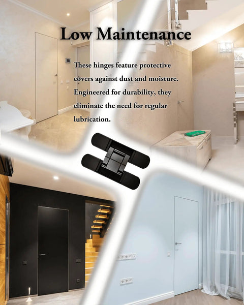 Heavy Duty 7 Inch Invisible Hidden Door Hinges Zinc Alloy Concealed Hinge System For Large Wood Doors Holds Up To 176 Lbs Per Pair displayed in modern interiors.