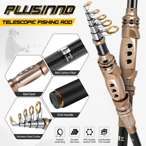All In One Telescopic Spinning Rod And Reel Combo For Beginners With Lures Hooks Line Bag Case And Accessories Fishing Gear Organizer 2 1M 6 89Ft Ready To Hit The Water showing carbon fiber and EVA handle details.