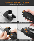 Four steps to install Premium Dual Replacement Blades for Electric Scissors, showing instructions with tools and electric scissors.
