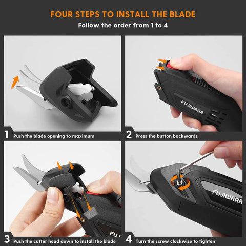Four steps to install Premium Dual Replacement Blades for Electric Scissors, showing instructions with tools and electric scissors.