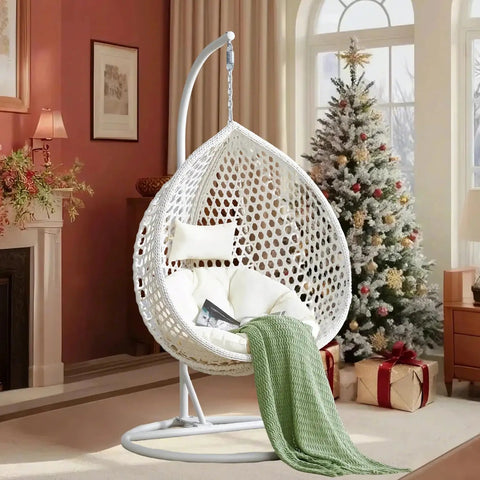 Hanging Egg Chair Outdoor Indoor With Stand, Wicker Swing Egg Chair For Patio Garden Balcony Yard, 300 Lb Capacity