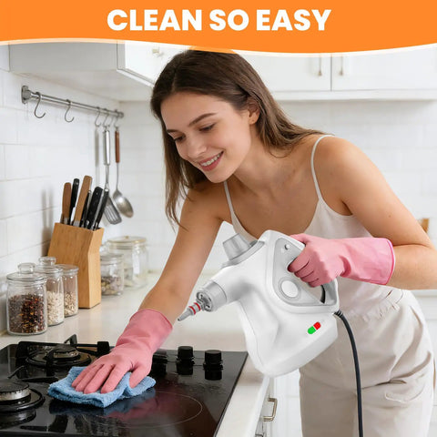 Powerful Portable Handheld Steamer Shooting Scalding Vapor To Wreck Stubborn Pan Grease And Baked On Filth On Tile Linoleum And Fabric Seats With 14 Heavy Duty Tools For No Sweat Scrubbing And Spotless Shine being used by a woman on a stovetop.