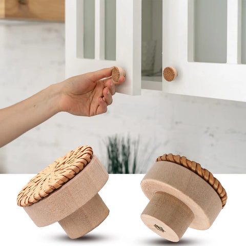 12 Pack Brown Boho Rattan Dresser Knobs With Screws Included, 40mm By 30mm Cabinet Drawer Knobs, Natural Wood Pulls For Furniture, Rustic Modern Vibe, Durable Solid Wood Construction, Smooth Finish, Easy Install. Hand installing round woven wood cabinet knob on white door