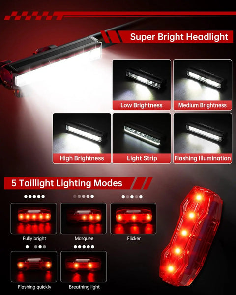 USB Rechargeable Bike Light Set For Front And Rear Use, Aluminum Headlight Taillight With IPX5 Waterproof Build, Six TG3 LEDs Expanding Reach By Fifty Percent, Three Light Modes, Up To Five Hours At Full Brightness, Ideal For Night Mountain Riding