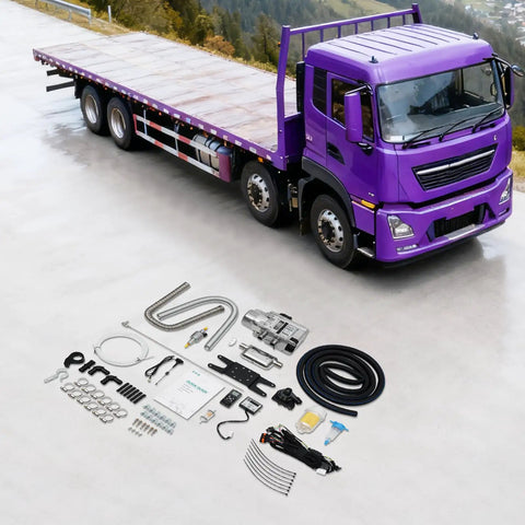 12V 5000W Diesel Cabin Heater Complete Kit With Efficient Air Ducting And Remote Control For Rv Vans And Trucks Delivering Quiet Bangin Heat On The Go with truck and components displayed.