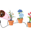 Illustration of No Hassle Drip Irrigation Kit For Potted Plants And Small Gardens, watering three pots with connection to a faucet.