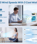 Personal Mini Air Cooler With Ice Water Cold Mist, 4 In 1 Evaporative AC showing adjustable mist levels and quiet operation