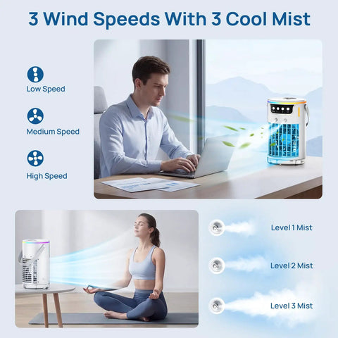 Personal Mini Air Cooler With Ice Water Cold Mist, 4 In 1 Evaporative AC showing adjustable mist levels and quiet operation