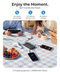 Total Game Changer Portable Charger With Four Built In Cables And Massive Twenty Thousand Mah Fast Charging Power Bank For Phones Tablets And Laptops on a picnic table.