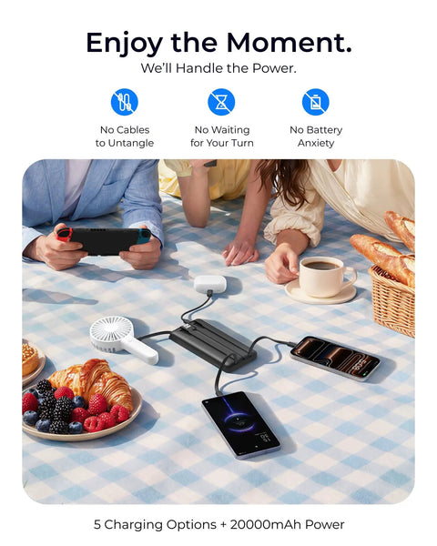 Total Game Changer Portable Charger With Four Built In Cables And Massive Twenty Thousand Mah Fast Charging Power Bank For Phones Tablets And Laptops on a picnic table.