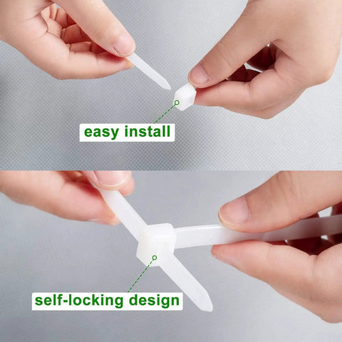 Close-up of hands demonstrating easy install and self-locking design of 36 Inch White Zip Ties Heavy Duty Outdoor Use Cable Ties.