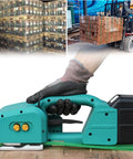 Portable Battery Powered Welding Strapping Tool Auto Tension Packer For Pet And Pp Straps Heavy Duty Hand Held Belt Banding Machine in use.