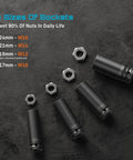 4 sizes of black socket tools, 24mm, 21mm, 19mm, and 17mm, alongside hex nuts, suitable for Heavy Duty Half Inch Brushless Impact Wrench.