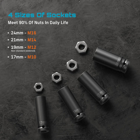 4 sizes of black socket tools, 24mm, 21mm, 19mm, and 17mm, alongside hex nuts, suitable for Heavy Duty Half Inch Brushless Impact Wrench.