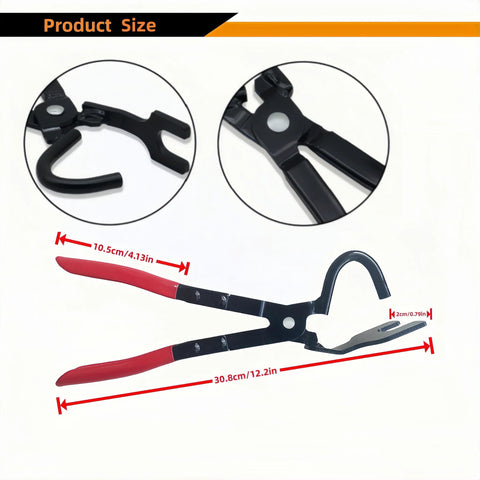 Front view of WASYDY exhaust hanger removal tool with red-handled pliers and curved hook for rubber hangers, 30.8 cm.