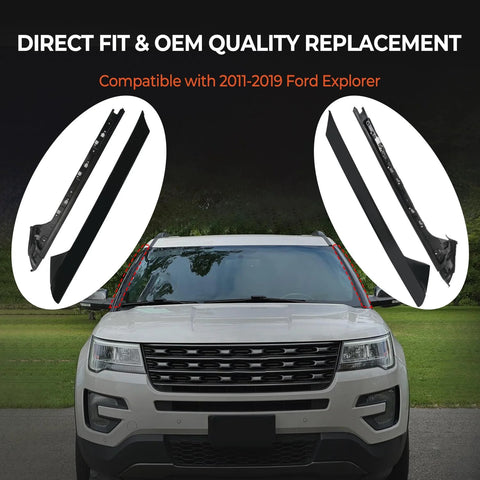 Two-piece A-pillar window trim molding kit for 2011-2019 Ford Explorer, left and right sides, black plastic