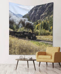 Steam Locomotive Train Wall Tapestry Print, Dope Vintage Train Decor hanging in modern living room setting