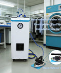 Pro Grade Industrial Steam Generator Boiler With 7 Liter Tank And 3.5 Kilowatt Motor Delivers Continuous Dry Steam For Dry Cleaners And Garment Plants Zero Hassle Auto Pressure Control Crushes Heavy Wrinkles Smooth Operator with heat-resistant gas pipes and a handheld iron.