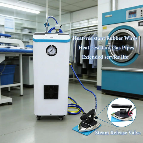 Pro Grade Industrial Steam Generator Boiler With 7 Liter Tank And 3.5 Kilowatt Motor Delivers Continuous Dry Steam For Dry Cleaners And Garment Plants Zero Hassle Auto Pressure Control Crushes Heavy Wrinkles Smooth Operator with heat-resistant gas pipes and a handheld iron.