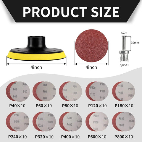 Product size chart of 100Pcs 4 Inch Sanding Discs With Hook Loop Backing Pad For Angle Grinder Sander Attachment Compatible With Milwaukee DeWalt Makita 40 To 800 Grits Wood Metal Polishing.