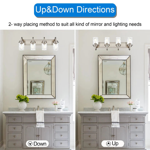 Dope 31 Inch Brushed Nickel Vanity Light Fixture With Hammered Glass Shade shown in both upward and downward wall mount positions over mirrors.