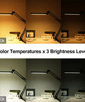 Go To Metal Adjustable Swing Arm Desk Lamp With Clamp Touch Control Stepless Dimming And Three Color Modes Memory Function Eye Caring Light demonstrating different color temperatures and brightness levels on a desk.