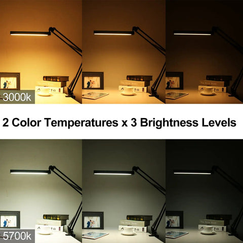Go To Metal Adjustable Swing Arm Desk Lamp With Clamp Touch Control Stepless Dimming And Three Color Modes Memory Function Eye Caring Light demonstrating different color temperatures and brightness levels on a desk.