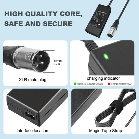 42V 2A Lithium Battery Charger For 36V E Bikes And Scooters With 3 Pin XLR Connector, interface, and indicator details