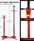 Heavy Duty Underhoist Support Stand With Dual Height Adjustments For Car Lifts And Garage Jobs Up To Three Quarter Ton Capacity, showing min and max height settings.