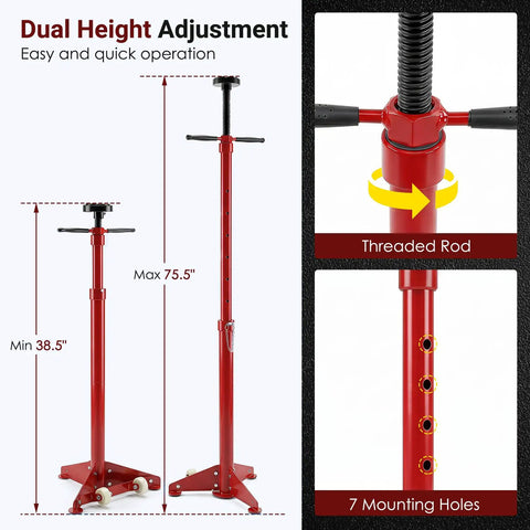 Heavy Duty Underhoist Support Stand With Dual Height Adjustments For Car Lifts And Garage Jobs Up To Three Quarter Ton Capacity, showing min and max height settings.