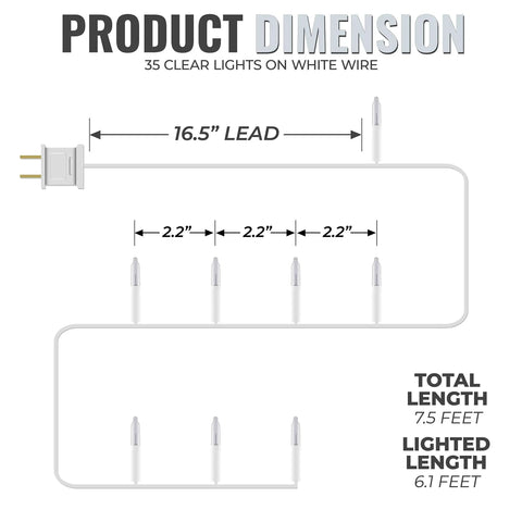 Diagram of Clear Christmas String Lights On White Wire Cord, 35 Clear Lights, Indoor Use Only, showing dimensions and spacing.