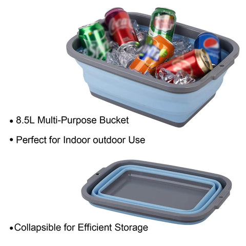 Two Pack Collapsible Sink With 2.25 Gallon Capacity Each Foldable Dish Tub for washing dishes camping hiking shown with drinks.