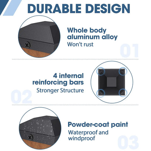 4x4 Fence Post Caps Black Aluminum Cover Kit For 3.5x3.5 Posts, durable design shown with reinforcing bars and paint coating.